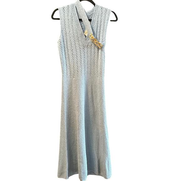 Vintage St. John Knits Blue Sleeveless V-Neckline Belted Midi Dress Size 10 - Picture 1 of 11